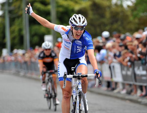 Rushlee Buchanan celebrates victory in the Calder Stewart Elite Road National Championship in Christchurch today.